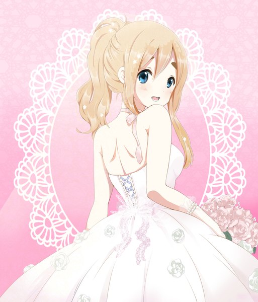 Anime picture 3500x4093 with k-on! kyoto animation kotobuki tsumugi ragho no erika long hair tall image blush highres open mouth blue eyes blonde hair absurdres ponytail looking back girl dress flower (flowers) bouquet