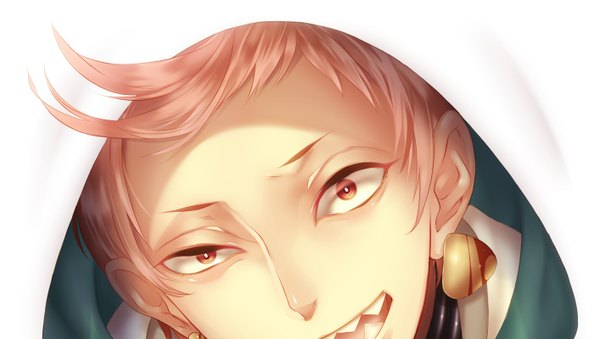 Anime picture 1414x800 with touken ranbu nitroplus iwatooshi nipponia nippon single looking at viewer short hair open mouth red eyes wide image pink hair teeth close-up face sharp teeth boy hood