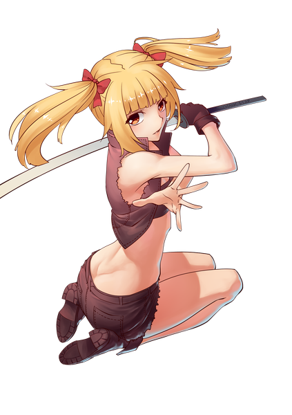 Anime picture 1748x2480 with original daye bie qia lian single tall image looking at viewer fringe highres short hair light erotic blonde hair twintails full body orange eyes short twintails transparent background girl bow weapon hair bow sword