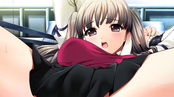 Anime picture 1280x720 with yakin byoutou zero (game) amamiya koko (yakin byoutou zero) long hair blush open mouth light erotic black hair red eyes wide image twintails game cg spread legs bondage girl skirt miniskirt