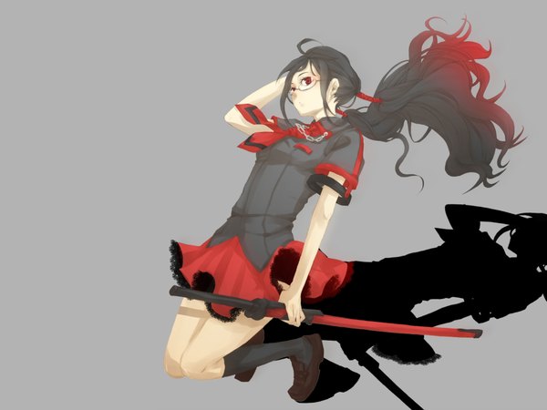 Anime picture 1920x1440 with blood c production i.g kisaragi saya single long hair highres black hair simple background red eyes twintails tail grey background girl weapon sword glasses katana blood