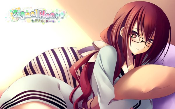 Anime picture 1920x1200 with signal heart takatsukasa chisa single long hair highres wide image brown eyes red hair glasses pillow