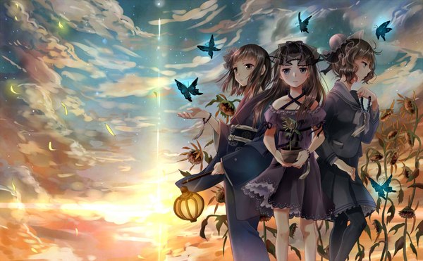 Anime picture 2240x1388 with original nekozuki yuki long hair highres short hair blue eyes brown hair wide image standing multiple girls brown eyes sky cloud (clouds) japanese clothes profile sunlight grey eyes evening sunset wavy hair