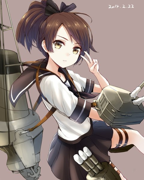 Anime picture 1000x1250 with kantai collection shikinami destroyer minato (shouno) single tall image looking at viewer short hair simple background brown hair yellow eyes victory brown background girl skirt ribbon (ribbons) weapon hair ribbon miniskirt belt gun
