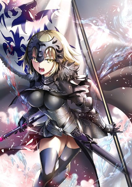Anime picture 1000x1409 with fate (series) fate/grand order fate/apocrypha jeanne d'arc (fate) (all) jeanne d'arc (fate) suishougensou single tall image looking at viewer breasts open mouth light erotic blonde hair standing holding yellow eyes :d teeth leaning leaning forward