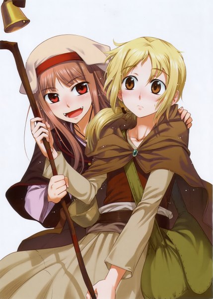 Anime picture 1991x2785 with spice and wolf horo nora ardent koume keito long hair tall image highres open mouth blonde hair simple background smile red eyes brown hair multiple girls holding brown eyes scan teeth fang (fangs) girl
