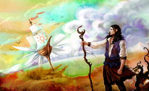 Anime picture 1294x800 with original anndr (artist) long hair black hair wide image standing holding sky cloud (clouds) profile magic wavy hair mountain fantasy partially open clothes boy animal wings sea bird (birds)