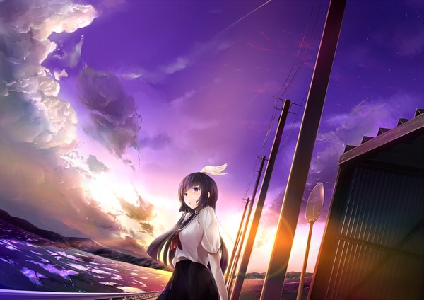 Anime picture 2200x1555 with original wingheart single long hair highres black hair purple eyes sky cloud (clouds) girl skirt miniskirt shirt serafuku power lines