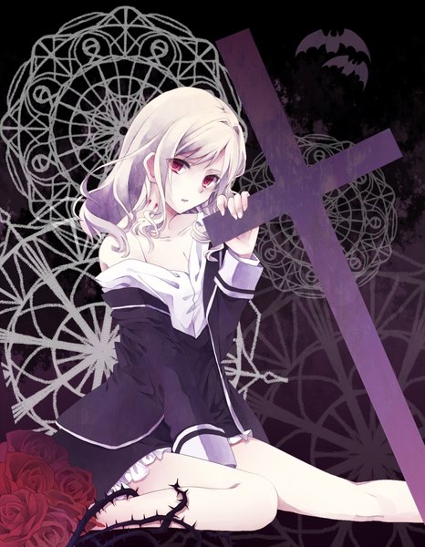 Anime picture 800x1028 with diabolik lovers komori yui mo yu kichi-me single long hair tall image looking at viewer fringe light erotic red eyes sitting bare shoulders bent knee (knees) white hair parted lips head tilt girl skirt flower (flowers) plant (plants)