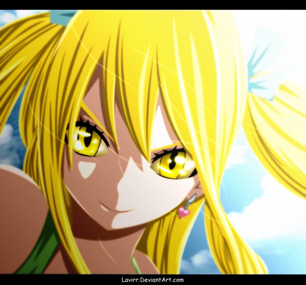 Anime picture 2300x2150 with fairy tail lucy heartfilia lavirr single long hair highres blonde hair smile twintails yellow eyes sky cloud (clouds) sunlight coloring close-up face girl bow hair bow earrings
