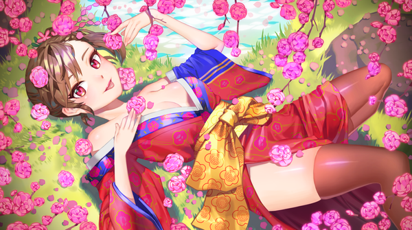 Anime picture 3000x1678 with idolmaster futami mami clinexgrim single looking at viewer highres short hair light erotic red eyes brown hair wide image lying traditional clothes japanese clothes girl thighhighs flower (flowers) petals kimono