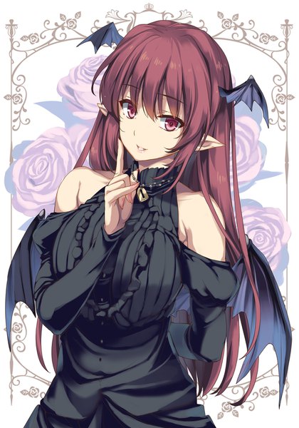 Anime picture 1049x1500 with touhou koakuma moneti (daifuku) single long hair tall image looking at viewer fringe open mouth smile hair between eyes bare shoulders upper body red hair nail polish pink eyes fingernails pointy ears alternate costume framed