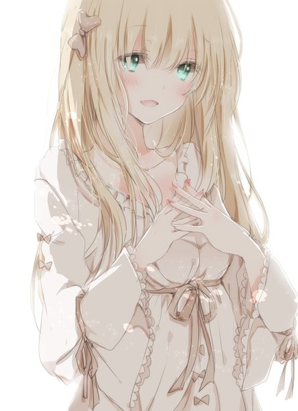 Anime picture 589x812 with original hiro (hirohiro31) single long hair tall image blush open mouth blue eyes simple background white background white hair girl dress