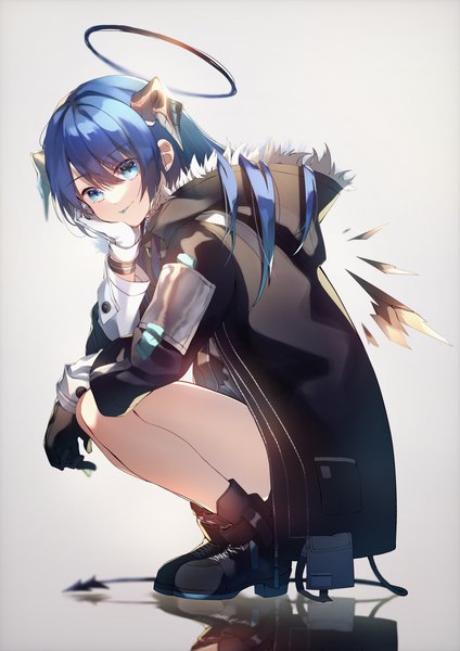 Anime picture 2893x4092 with arknights mostima (arknights) mitk game single long hair tall image looking at viewer fringe highres blue eyes simple background hair between eyes blue hair tail horn (horns) grey background open jacket reflection squat hand on face