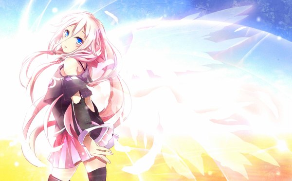 Anime picture 1741x1080 with vocaloid ia (vocaloid) haru aki looking at viewer fringe highres wide image standing sky cloud (clouds) braid (braids) very long hair profile off shoulder :o twin braids angel wings girl thighhighs skirt