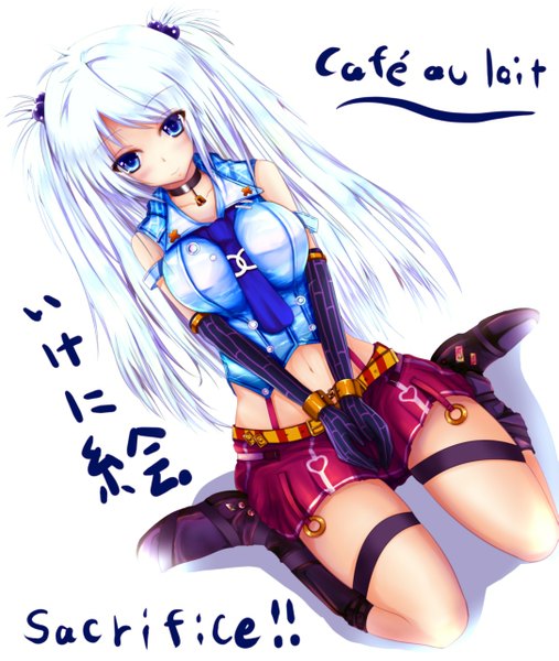 Anime picture 1083x1280 with original cafe au lait (kafeore) single long hair tall image blush blue eyes white hair midriff girl gloves navel miniskirt necktie elbow gloves boots