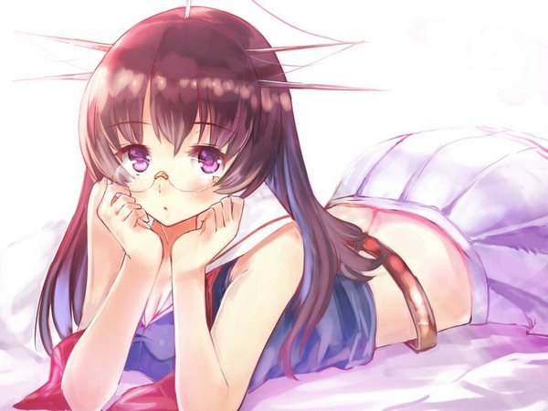 Anime picture 1024x768 with kantai collection choukai heavy cruiser sumisu (mondo) single long hair looking at viewer blush fringe black hair simple background white background purple eyes lying :o on stomach girl glasses sailor suit
