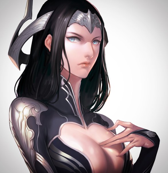 Anime picture 2480x2540 with original hongz single long hair tall image looking at viewer highres breasts blue eyes light erotic black hair simple background lips lipstick hand on chest eyeshadow serious girl