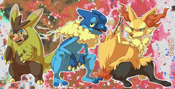 Anime picture 1081x555 with pokemon pokemon xy nintendo braixen frogadier quilladin supario wide image sitting signed group no people gen 6 pokemon animal tongue branch pokemon (creature) fox frog