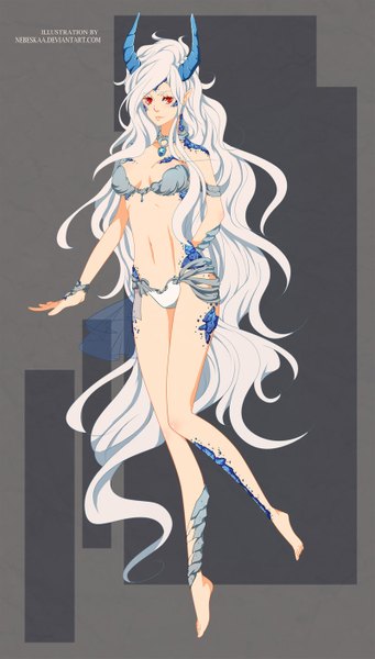 Anime picture 800x1407 with original nebeskaa single long hair tall image light erotic simple background red eyes bare shoulders white hair very long hair horn (horns) light smile pointy ears grey background bare legs bare belly wavy hair demon girl knees touching