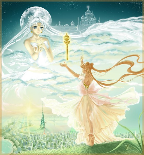Anime picture 3030x3248 with bishoujo senshi sailor moon toei animation princess serenity queen serenity pillara tall image highres blue eyes blonde hair smile twintails multiple girls absurdres sky silver hair cloud (clouds) white hair very long hair barefoot aqua eyes