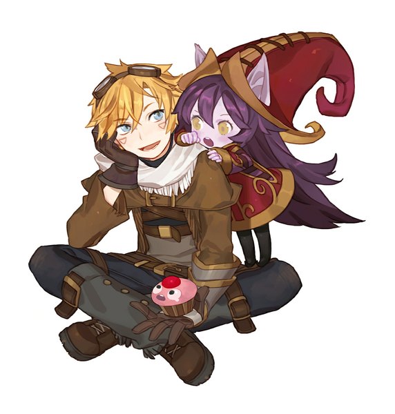 Anime picture 1023x1074 with league of legends lulu (league of legends) ezreal (league of legends) gwayom long hair tall image short hair open mouth blue eyes blonde hair simple background smile standing white background sitting animal ears yellow eyes purple hair looking back crossed legs