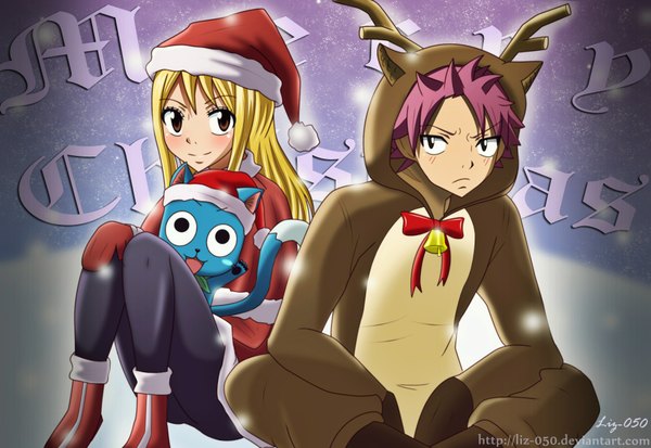 Anime picture 1876x1292 with fairy tail lucy heartfilia natsu dragneel happy (fairy tail) liz-050 long hair blush highres short hair open mouth blonde hair smile brown eyes pink hair black eyes inscription christmas merry christmas girl boy