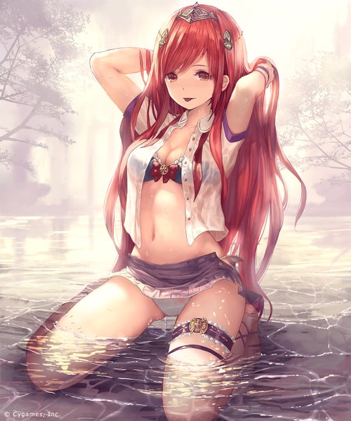 Anime picture 1167x1400 with shingeki no bahamut henriette (shingeki no bahamut) tachikawa mushimaro (bimo) single long hair tall image highres breasts light erotic red eyes red hair girl navel hair ornament underwear panties water lingerie bra