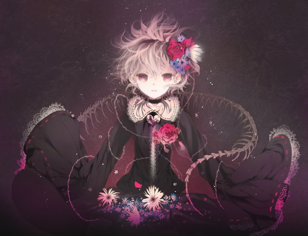 Anime picture 1358x1039 with touhou komeiji satori ooki bonta single looking at viewer fringe short hair pink hair hair flower dark background skeleton girl dress hair ornament flower (flowers) choker