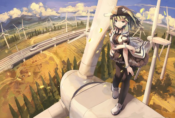 Anime picture 1200x814 with original huanxiang huifeng single looking at viewer fringe short hair breasts smile sky cloud (clouds) bent knee (knees) outdoors green hair wind horizon girl plant (plants) pantyhose tree (trees) shoes