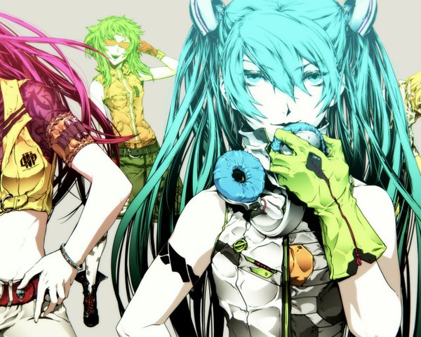 Anime picture 1280x1024 with vocaloid hatsune miku megurine luka kagamine rin gumi long hair looking at viewer fringe short hair open mouth simple background blonde hair smile twintails bare shoulders multiple girls pink hair very long hair aqua eyes green hair