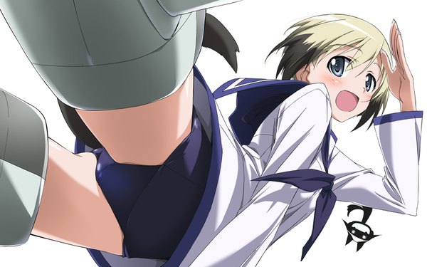 Anime picture 3500x2188 with strike witches miyafuji yoshika erica hartmann kurashima tomoyasu single blush fringe highres short hair open mouth blue eyes light erotic black hair blonde hair simple background hair between eyes white background absurdres tail animal tail