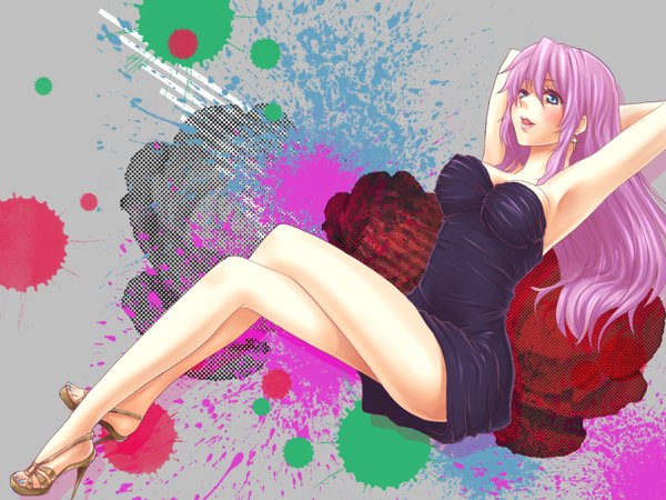 Anime picture 1600x1200 with vocaloid megurine luka garuko (artist) single long hair blush open mouth blue eyes sitting bare shoulders pink hair cleavage nail polish armpit (armpits) wallpaper legs arms behind head girl dress earrings