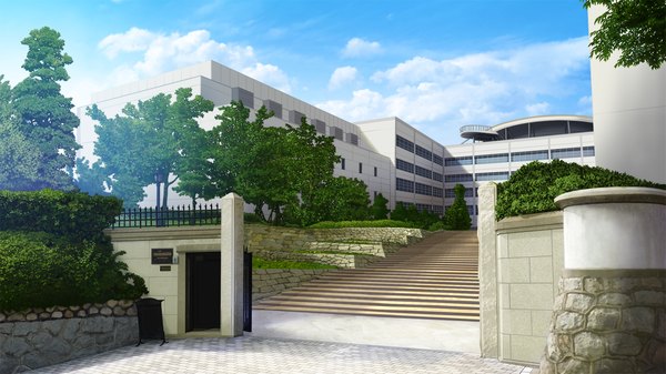 Anime picture 1280x720 with yumeiro alouette! wide image game cg sky cloud (clouds) no people landscape plant (plants) tree (trees) building (buildings) stairs fence