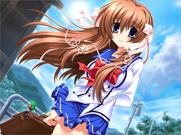 Anime picture 1024x768 with green strawberry long hair blue eyes smile brown hair game cg wind girl uniform bow ribbon (ribbons) hair ribbon school uniform serafuku