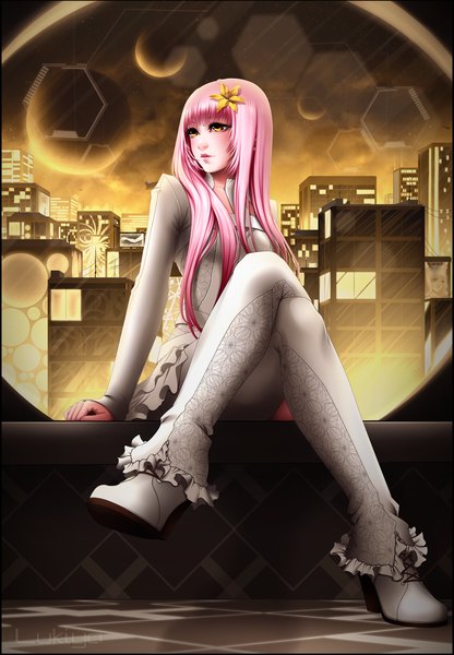 Anime picture 1041x1500 with original lukiya single long hair tall image blush fringe sitting yellow eyes looking away pink hair hair flower high heels crossed legs city cityscape lacing city lights girl hair ornament