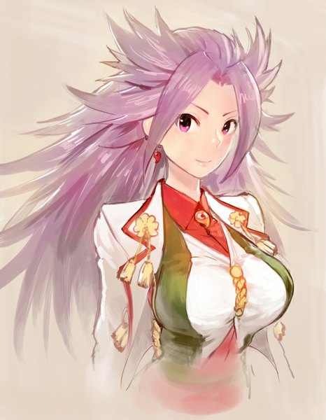 Anime picture 660x850 with kantai collection junyou light aircraft carrier matsuda (matsukichi) single long hair tall image looking at viewer blush simple background smile purple eyes purple hair purple background girl earrings