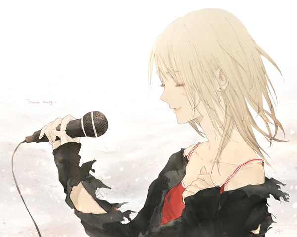 Anime picture 1444x1154 with original teyuruun single long hair fringe simple background white background eyes closed parted lips grey hair inscription torn clothes text english singing girl microphone wire (wires)