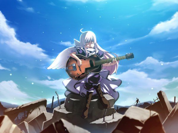 Anime picture 1024x768 with hotel (game) single blonde hair sitting game cg cloud (clouds) ahoge eyes closed playing instrument girl wings musical instrument guitar