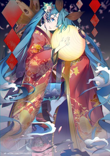 Anime picture 1500x2121 with vocaloid hatsune miku rosele single tall image looking at viewer blue eyes holding very long hair traditional clothes japanese clothes aqua hair floral print watermark insect wings butterfly wings girl hair ornament petals wings