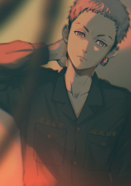 Anime picture 2894x4093 with tokyo revengers mitsuya takashi macaronk single tall image looking at viewer highres short hair upper body head tilt grey hair grey eyes piercing ear piercing expressionless arm around neck boy uniform