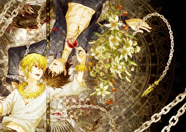 Anime picture 1050x747 with fate (series) fate/zero studio deen type-moon gilgamesh (fate) kotomine kirei sumesora short hair open mouth blonde hair red eyes brown hair lying multiple boys official alternate costume boy flower (flowers) chain 2 boys cross