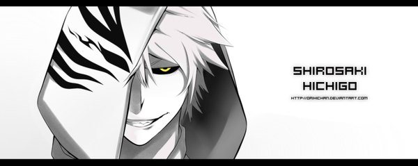 Anime picture 3507x1400 with bleach studio pierrot kurosaki ichigo persona92 (orichie) single looking at viewer highres short hair simple background smile wide image white background yellow eyes inscription monochrome letterboxed boy hood