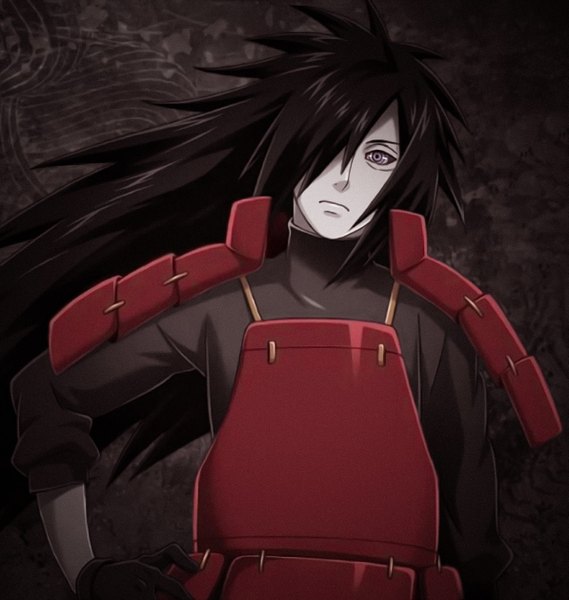 Anime picture 1193x1258 with naruto studio pierrot naruto (series) uchiha madara single long hair tall image looking at viewer fringe upper body hair over one eye hand on hip dark background spiked hair rinnegan boy gloves black gloves armor turtleneck