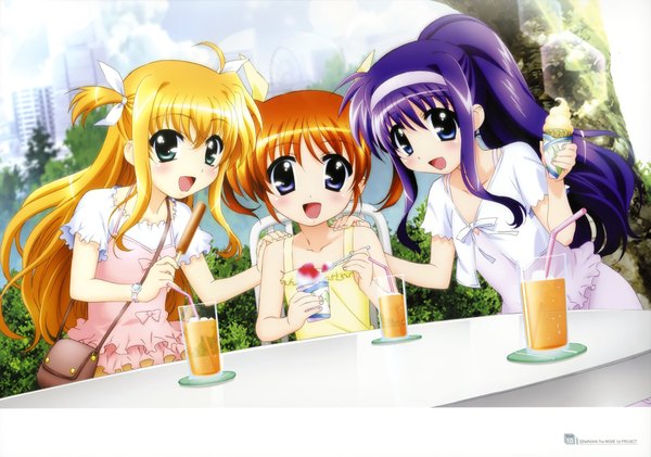 Anime picture 4212x2959 with mahou shoujo lyrical nanoha fate testarossa takamachi nanoha tsukimura suzuka long hair highres short hair open mouth blue eyes blonde hair multiple girls green eyes purple hair ahoge ponytail orange hair girl food hairband sweets