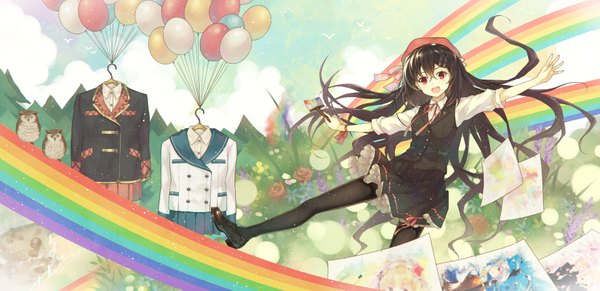 Anime picture 3795x1843 with original heiwari kanade single long hair highres open mouth black hair red eyes wide image girl pantyhose beret paper balloon rainbow