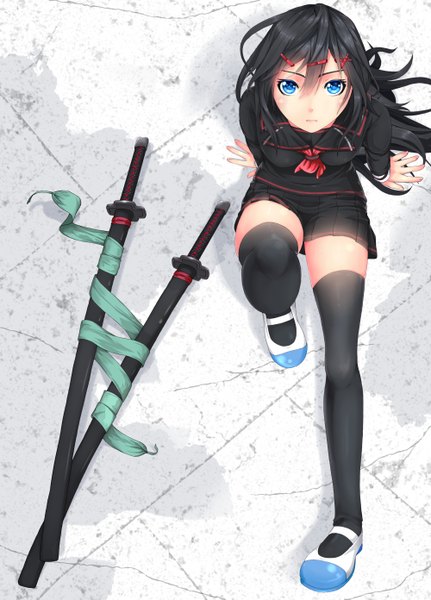 Anime picture 1000x1391 with original ayase tamaki single long hair tall image looking at viewer fringe blue eyes black hair sitting pleated skirt from above arm support looking up girl thighhighs skirt uniform hair ornament ribbon (ribbons)