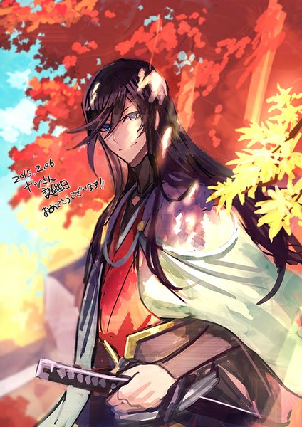 Anime picture 600x849 with touken ranbu nitroplus izuminokami kanesada izumi-no-kami kanesada mura karuki single long hair tall image looking at viewer blue eyes black hair smile traditional clothes japanese clothes sunlight text dated sunbeam autumn weapon