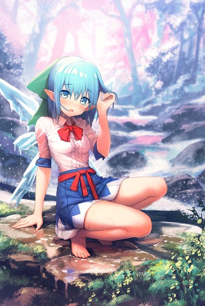 Anime picture 1339x1999 with touhou cirno kurobuta gekkan single tall image looking at viewer blush fringe short hair open mouth blue eyes light erotic hair between eyes blue hair full body bent knee (knees) outdoors barefoot pointy ears arm support