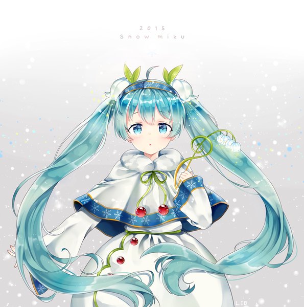 Anime picture 800x807 with vocaloid hatsune miku yuki miku yuki miku (2015) li.b (liebenib) single long hair tall image looking at viewer blush fringe blue eyes hair between eyes twintails payot ahoge parted lips aqua hair grey background character names